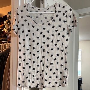 White T-Shirt with Black Cat Pattern